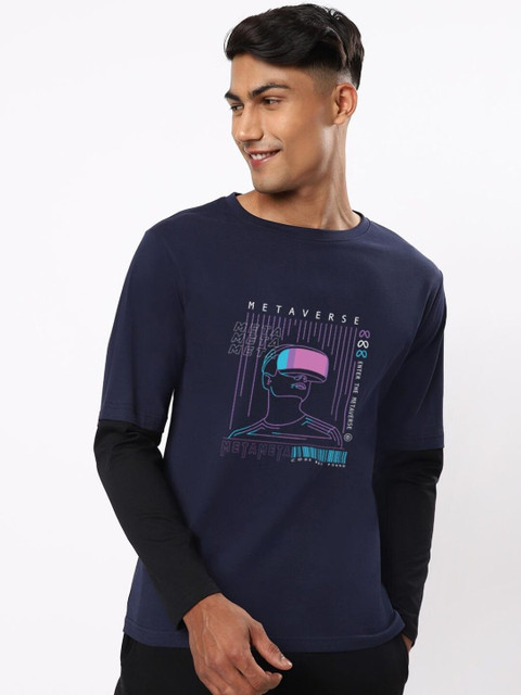 

Bewakoof Men Black & dark sapphire Printed Loose T-shirt