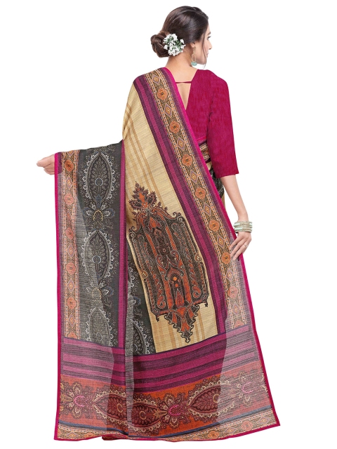

SAPTRANGI Cream-Coloured & Pink Kalamkari Pure Linen Bhagalpuri Saree