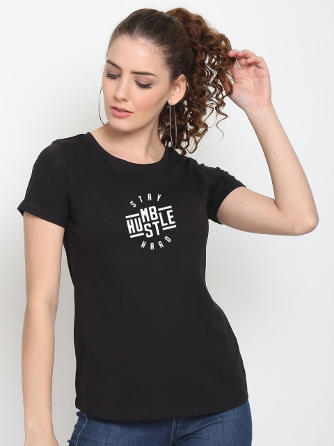 

UnaOne Women Black Typography Printed Applique Slim Fit T-shirt