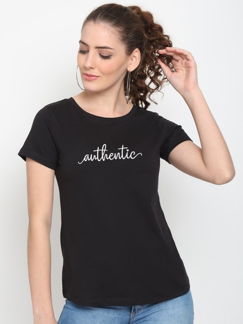 

UnaOne Women Plus Size Black Typography Printed Extended Sleeves Slim Fit T-shirt