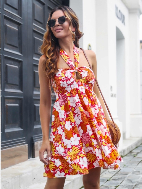 

BoStreet Red Floral Halter Neck Dress