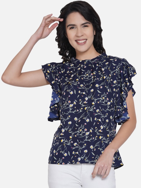 

Meerap Women Navy Blue Floral Print Crepe Top