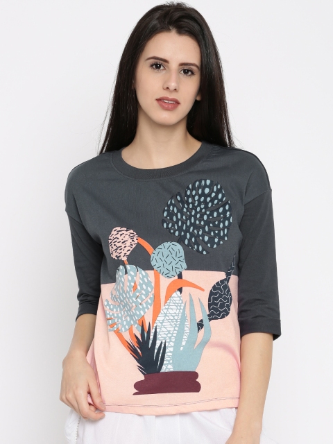 

Vero Moda Women Grey Melange Printed Round Neck T-shirt
