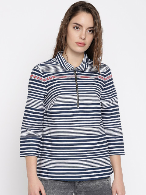 

Vero Moda Women Navy Blue & Off-White Striped Shirt Style Pure Cotton Top