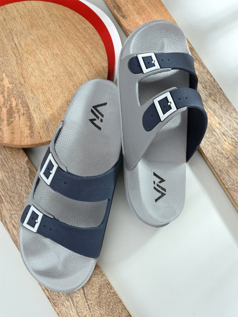 

VIV Men Grey & Blue Striped Rubber Sliders