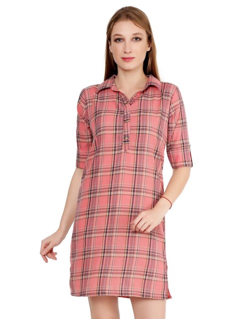 

SAKIA Peach-Coloured Checked A-Line Dress