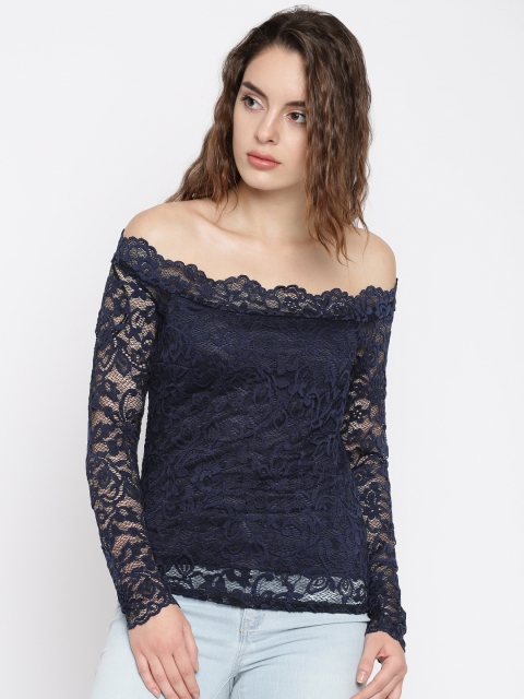 

Vero Moda Women Navy Self Design Bardot Top, Navy blue