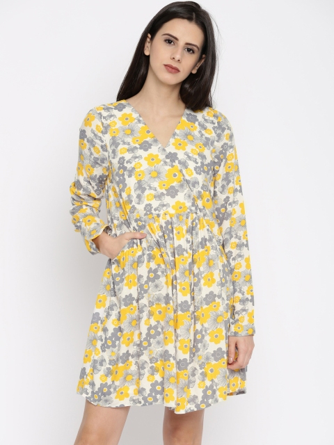 

Vero Moda Yellow & Grey Printed Fit and Flare Dress