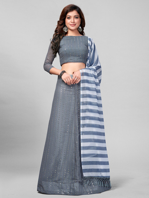 

Granthva Fab Grey & White Embroidered Sequinned Semi-Stitched Lehenga & Unstitched Blouse With Dupatta