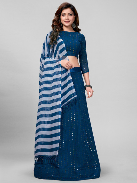 

Granthva Fab Teal & White Embroidered Sequinned Semi-Stitched Lehenga & Unstitched Blouse With Dupatta