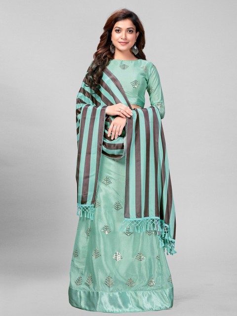 

Granthva Fab Green & Navy Blue Embroidered Sequinned Semi-Stitched Lehenga & Unstitched Blouse With Dupatta