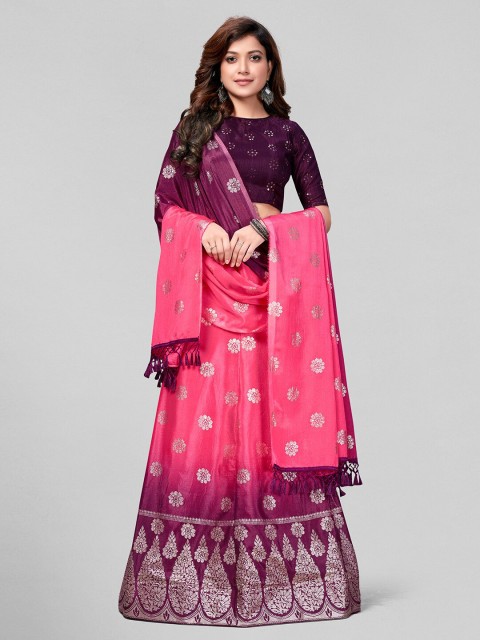 

Granthva Fab Pink & Purple Embellished Semi-Stitched Lehenga & Unstitched Blouse With Dupatta