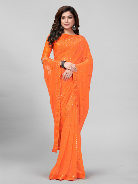 

Granthva Fab Women Orange & Silver-Toned Sequined Ready to Wear Saree