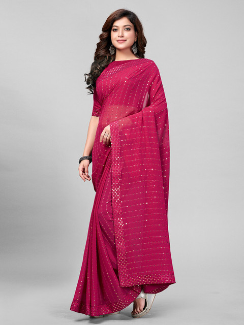 

Granthva Fab Pink & Silver-Toned Embellished Sequinned Saree
