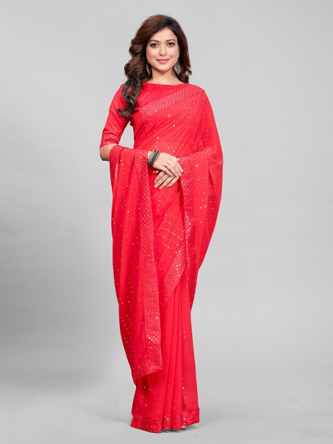 

Granthva Fab Pink & Gold-Toned Embellished Sequinned Saree