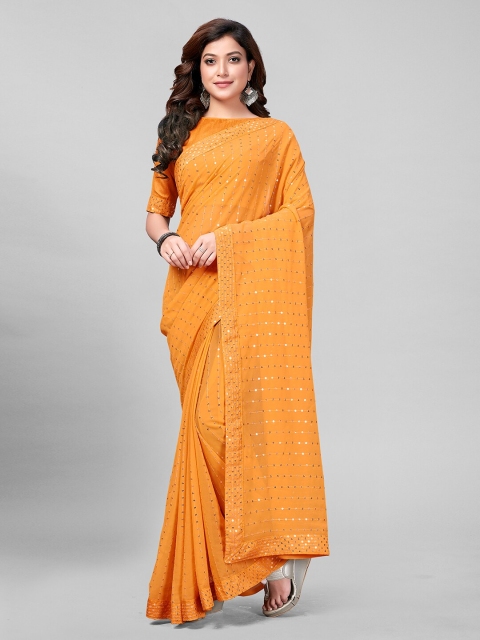 

Granthva Fab Women Yellow Sequined Yellow Embellished Mirror Work Ready to Wear Saree