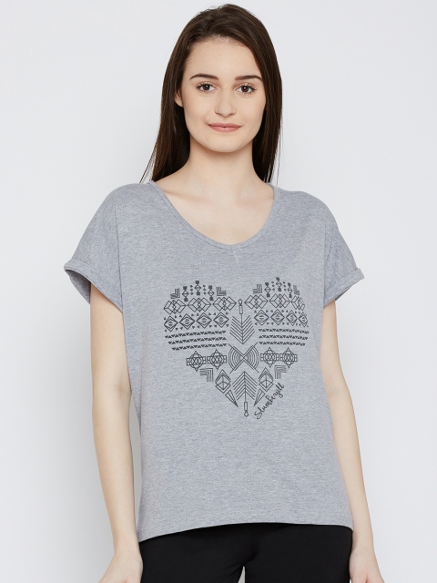 

Slumber Jill Grey Melange Printed Lounge T-shirt FWSJ916