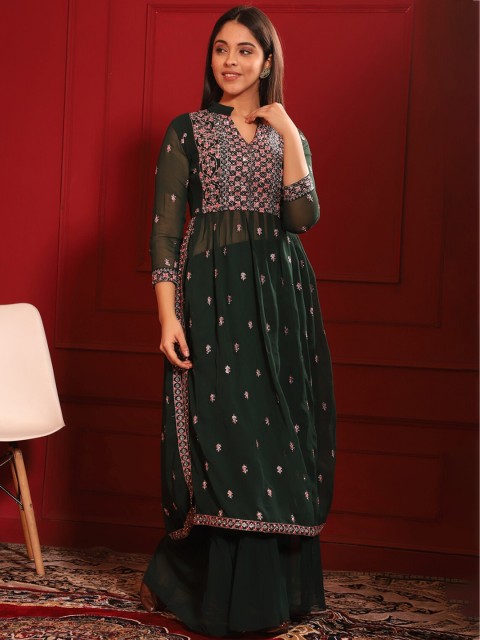 

KALINI Women Green Ethnic Motifs Embroidered Kurti with Palazzos & With Dupatta