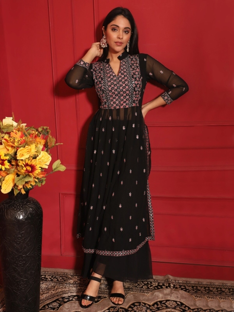 

KALINI Women Black Ethnic Motifs Embroidered Angrakha Kurta with Palazzos & With Dupatta