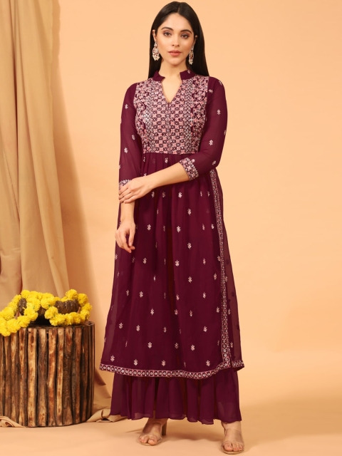 

KALINI Women Maroon Ethnic Motifs Embroidered Angrakha Kurti with Sharara & With Dupatta