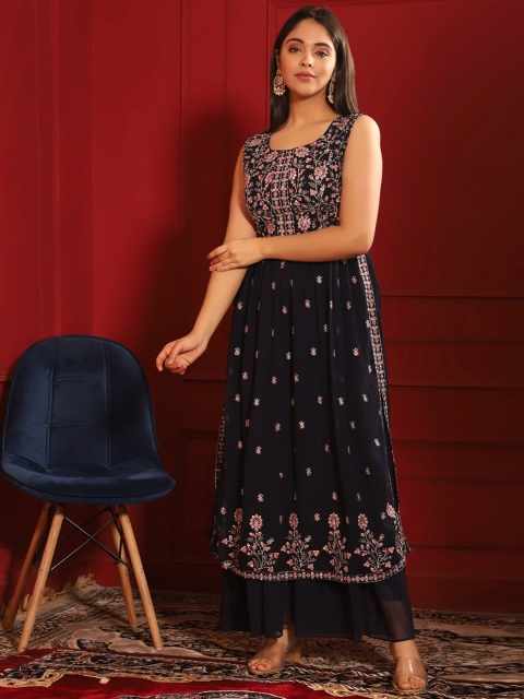 

KALINI Women Navy Blue Embroidered Kurta with Sharara & With Dupatta