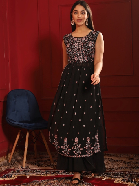 

KALINI Women Black Embroidered Kurta with Sharara & With Dupatta