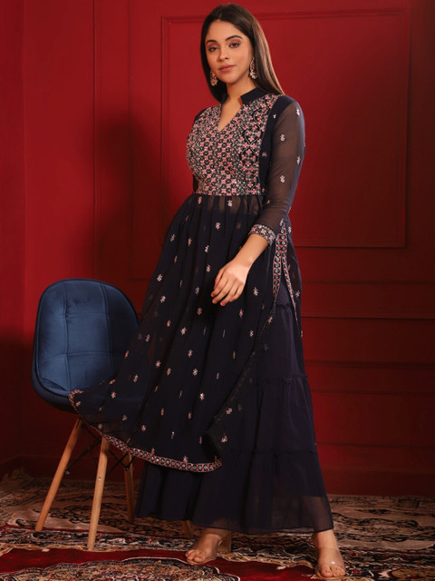 

KALINI Women Navy Blue Ethnic Motifs Embroidered Empire Kurta with Palazzos & With Dupatta
