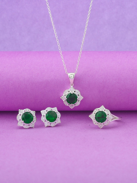 

Voylla Silver-Toned Green CZ Studded Jewellery Set