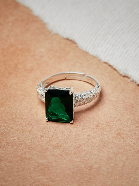 

Voylla 925 Sterling Silver-Plated Green Stone-Studded Finger Ring