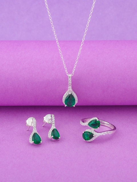 

Dare by Voylla Women Green & Silver-Plated Cubic Zirconia Pendant with Earrings