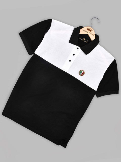 

FRENCH CROWN Men Black Typography Polo Collar Applique T-shirt