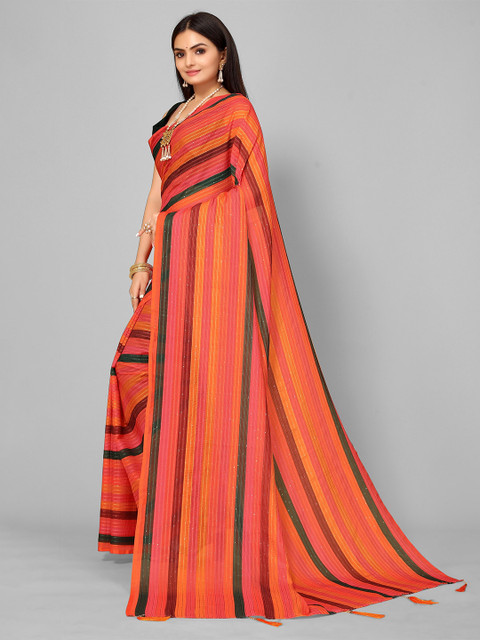 

Nimayaa Red & Green Striped Sequinned Fusion Leheriya Saree