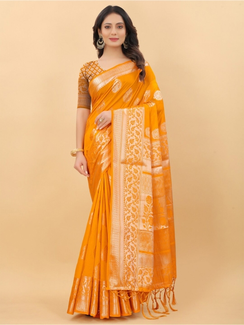 

PRASTHAN Gold-Toned & Orange Woven Design Zari Silk Cotton Banarasi Saree