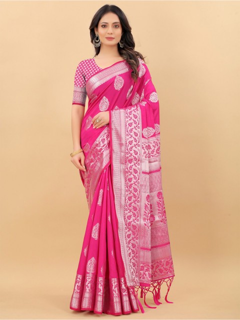

PRASTHAN Pink & Silver-Toned Woven Design Zari Silk Cotton Banarasi Saree