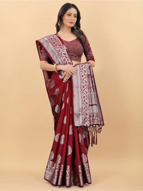

PRASTHAN Maroon & Silver-Toned Woven Design Zari Silk Cotton Banarasi Saree