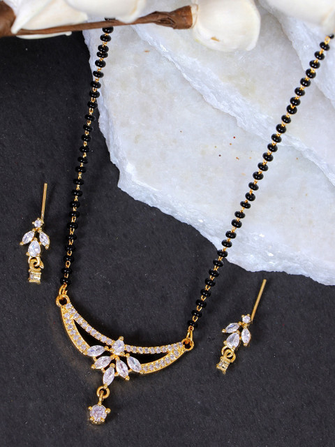 

SwaDev Women Gold-Plated White Crystal Studded & black Beaded Mangalsutra