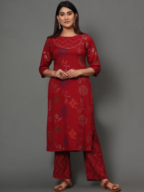 

MISHRI COLLECTION Women Maroon Ethnic Motifs Printed Kurta with Trousers