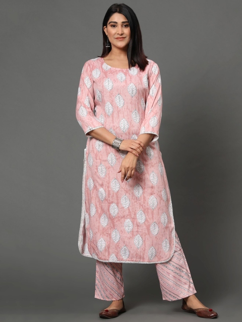 

MISHRI COLLECTION Women Pink Floral Yoke Design Panelled Kurti with Skirt
