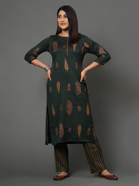 

MISHRI COLLECTION Women Green Ethnic Motifs Printed Kurta with Trousers