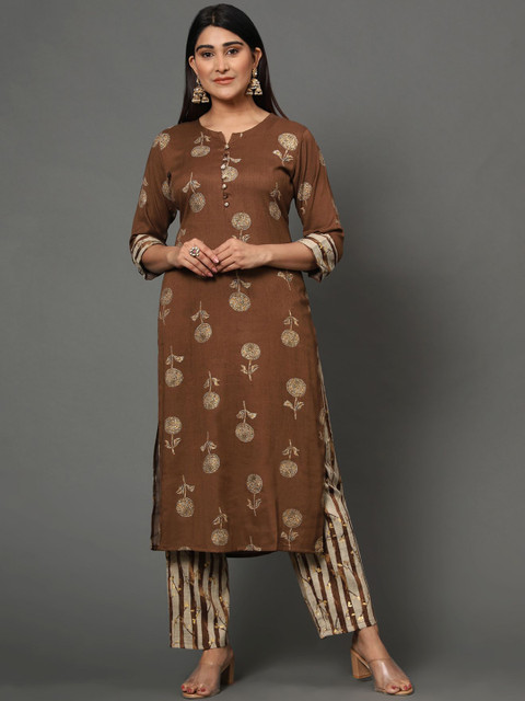 

MISHRI COLLECTION Women Brown Floral Printed Kurta with Trousers Mishri Collection