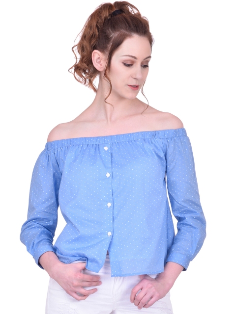 

Martini Women Blue Printed Bardot Pure Cotton Top