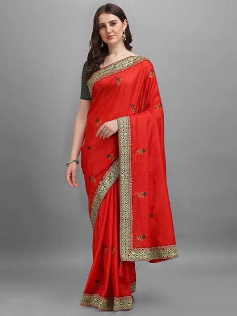 

TEREZA Red & Gold-Toned Floral Embroidered Silk Blend Saree