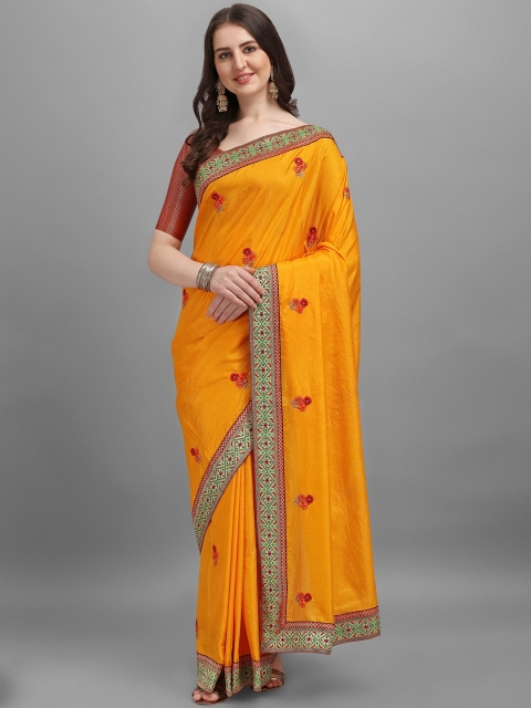 

TEREZA Yellow & Red Floral Embroidered Silk Blend Saree