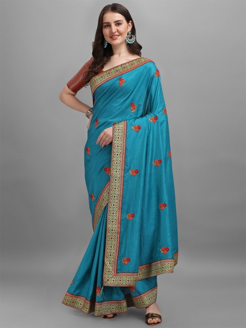 

TEREZA Turquoise Blue & Red Floral Embroidered Silk Blend Saree