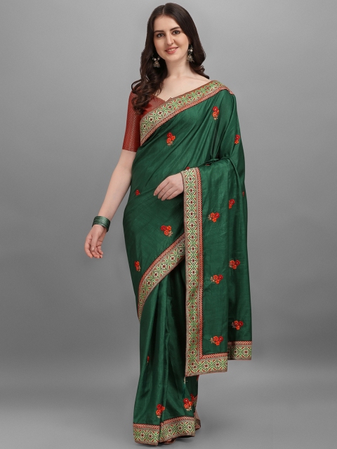 

TEREZA Green & Red Floral Embroidered Silk Blend Saree