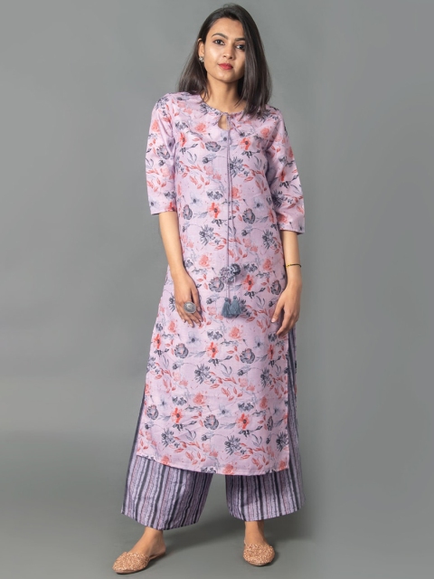 

CRAFTED FOR YOU Women Lavender Floral High Slit Kurta with Skirt