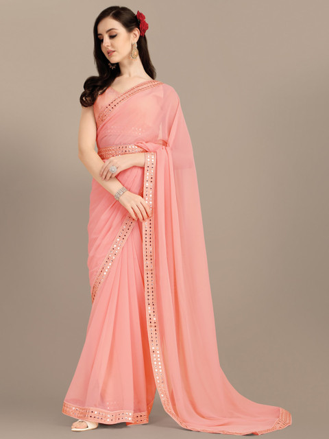 

Sangria Women Peach-Coloured Lace & Mirror Work Saree