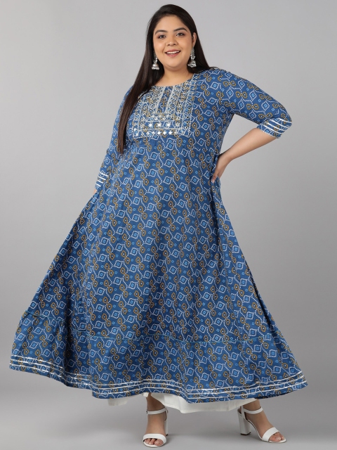 

Pikasha Women Blue Floral Printed Gotta Patti Anarkali Kurta