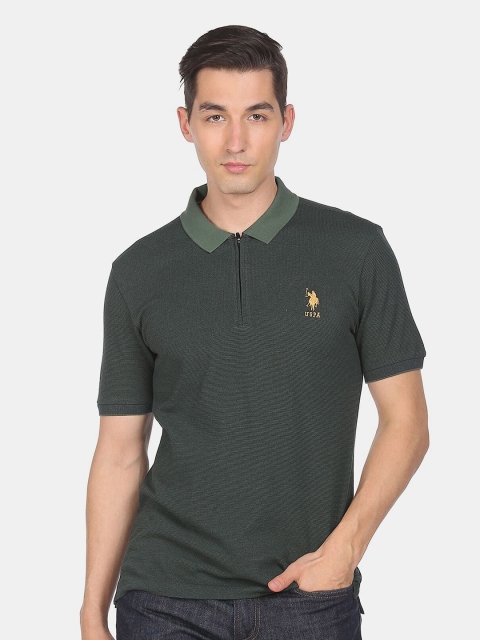 

U S Polo Assn Men Green Polo Collar Extended Sleeves Applique T-shirt