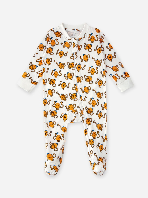 

Cuddles for Cubs Infants Kids White & Yellow Printed Pure Cotton Sleepsuit